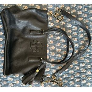 Tory Burch Black Leather Shoulder Bag with Gold Chain